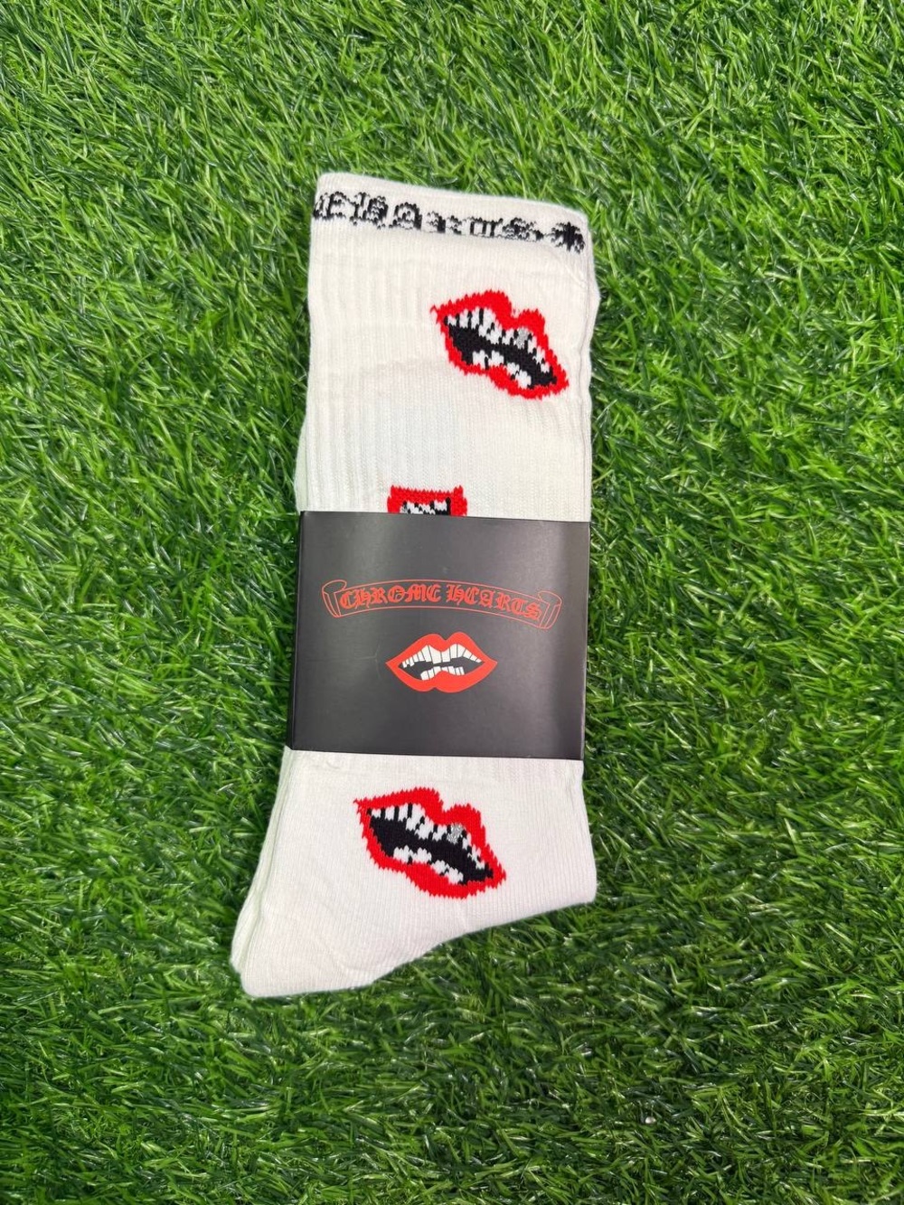 White Crew Socks with Red Lips Graphic